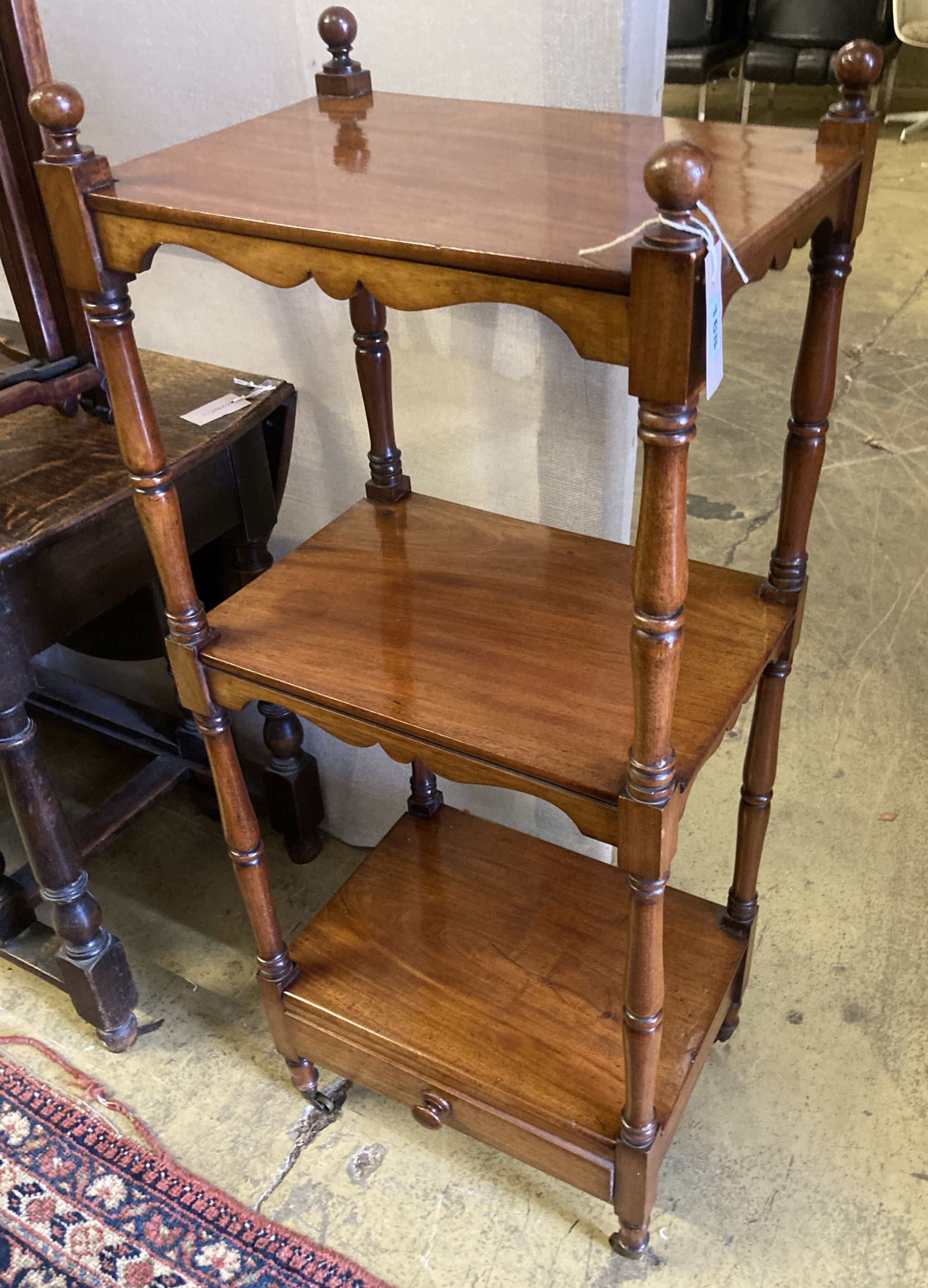 A Victorian mahogany three-tier whatnot, width 46cm, depth 33cm, height 110cm